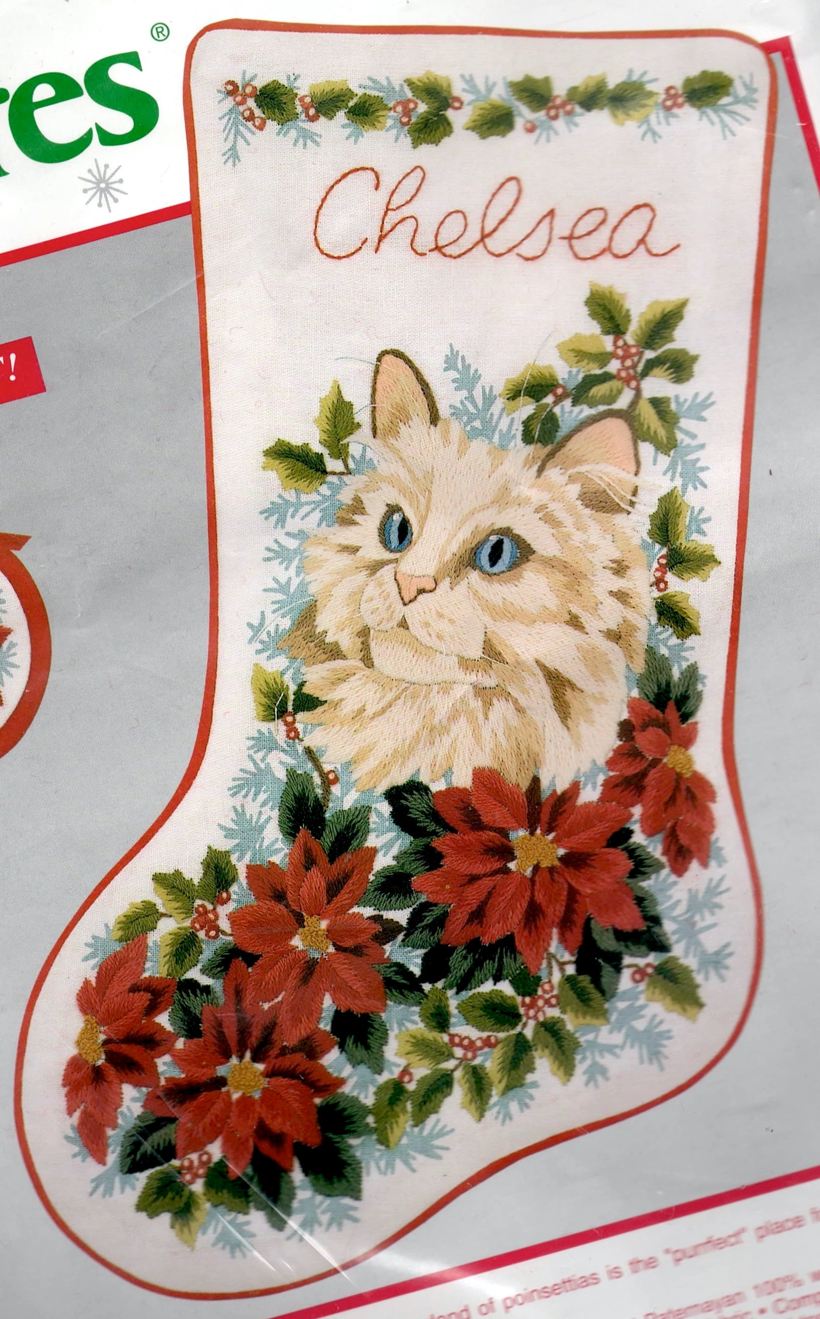 DIY Purrfect Poinsettias Cat Kitten Holiday Christmas Crewel Stocking Kit 00867