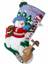 Load image into Gallery viewer, DIY Bucilla Golfing Snowman Golfer Winter Christmas Felt Stocking Kit 89474E