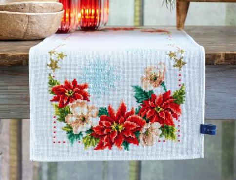 DIY Vervaco Christmas Flowers Poinsettia Counted Cross Stitch Table Runner Kit