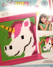 Load image into Gallery viewer, DIY Sew Cute Unicorn Head Pink Kids Beginner Starter Needlepoint Kit w Frame 6&quot;