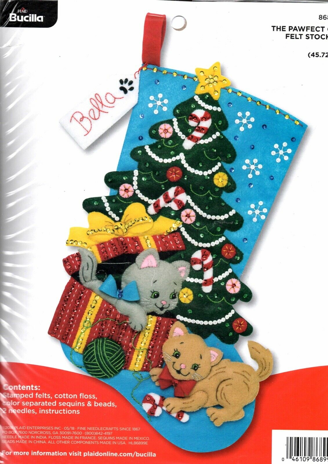 DIY Bucilla Pawfect Gift Cats Kittens Christmas Tree Felt Stocking Kit 86899E