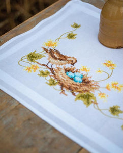 DIY Vervaco Little Bird in Nest Easter Stamped Cross Stitch Table Runner Kit