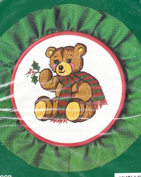 DIY Bucilla Teddy Bear Christmas Ornament Crewel Stitchery Kit Hoop and Ruffle