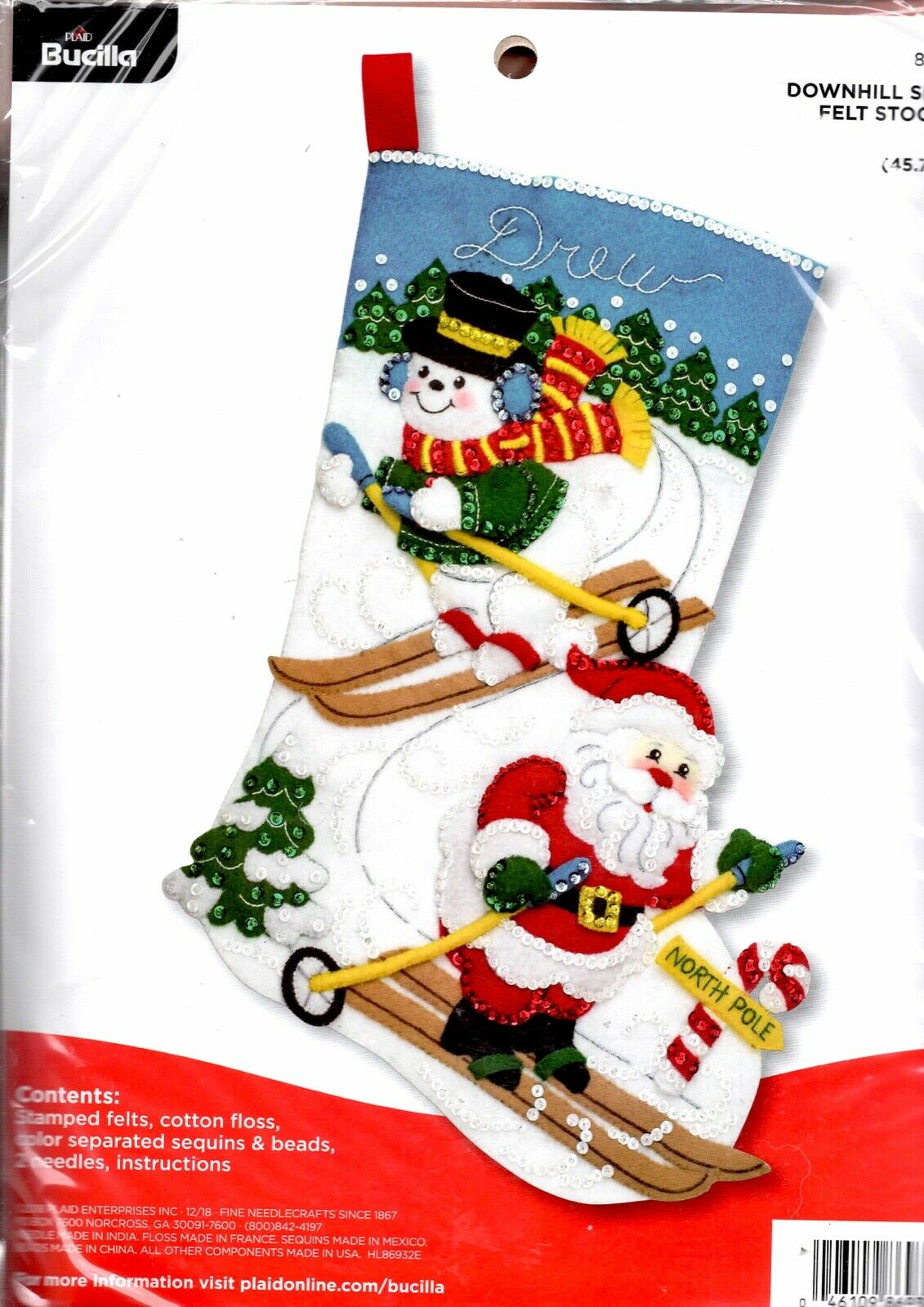 DIY Bucilla Downhill Skiers Santa Snowman Ski Christmas Felt Stocking Kit 86932