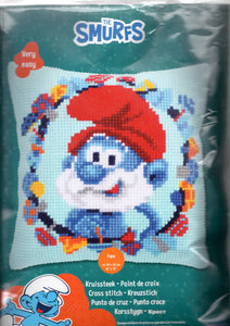 DIY Vervaco Papa Smurf Cartoon Yarn Cross Stitch Needlepoint 16" Pillow Top Kit