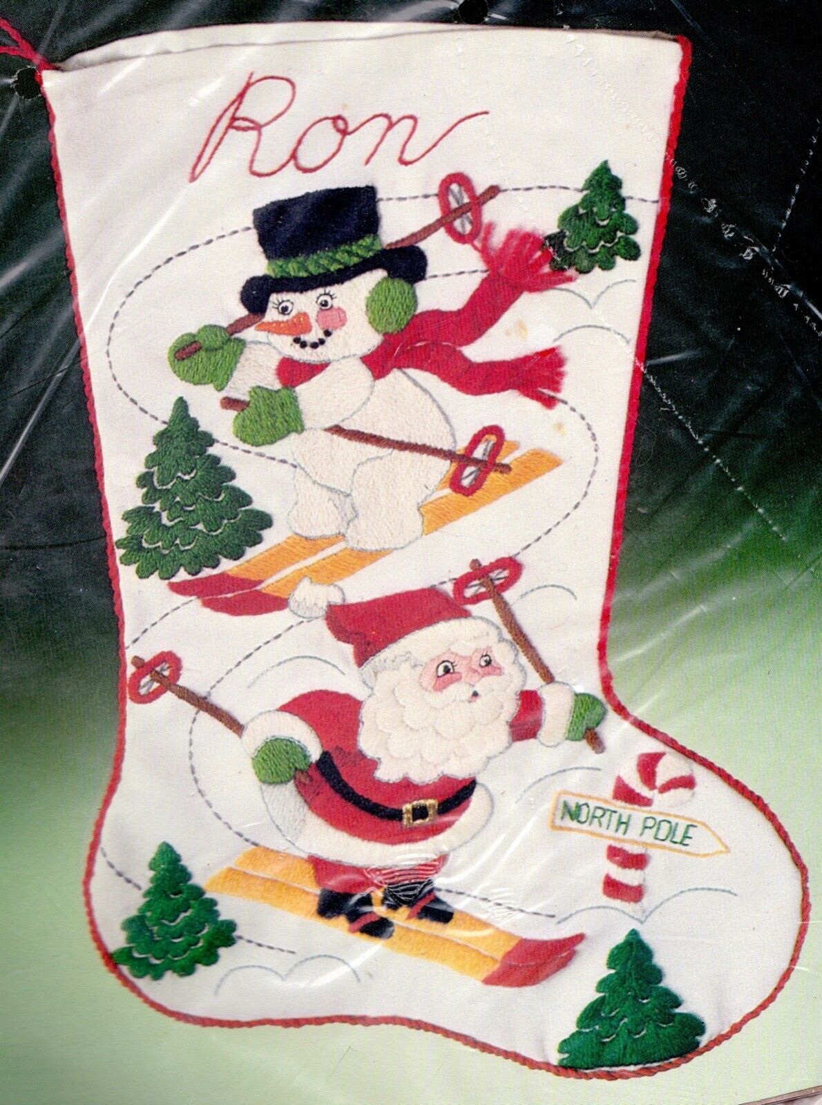 DIY Bucilla Downhill Racers Santa Snowman Skiing Skis Crewel Stocking Kit 82339