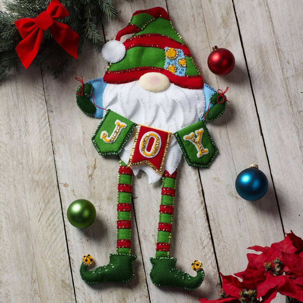 DIY Bucilla Joyful Gnome Christmas Elf Holiday Felt Wall Hanging Kit 89495E