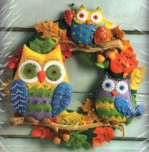 DIY Repackaged Bucilla Owl Birds Halloween Leaves Felt Wreath Craft Kit 86562