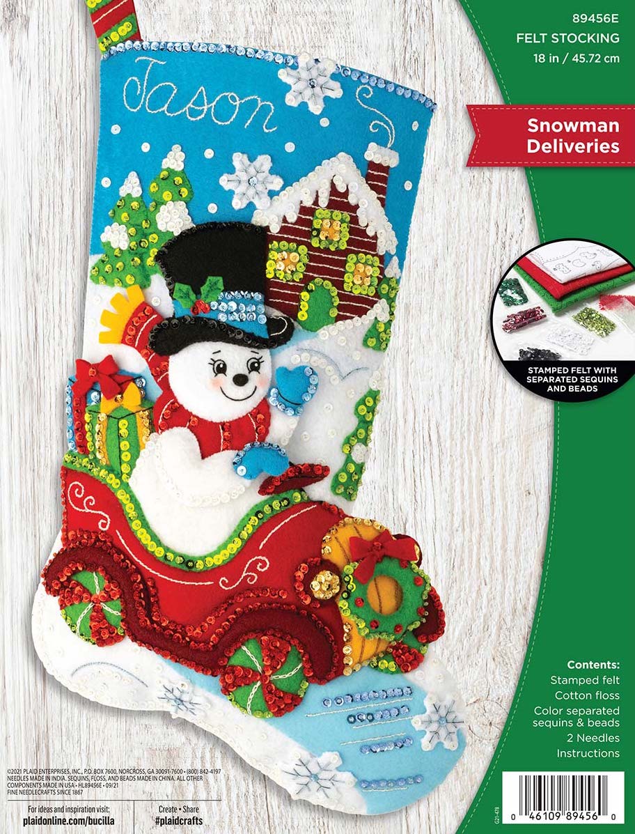 DIY Snowman Deliveries Car Snow Driving Christmas Eve Felt Stocking Kit 89456E