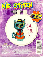 DIY Janlynn One Cool Cat Kitten Kids Beginner Mini Stamped Cross Stitch Kit