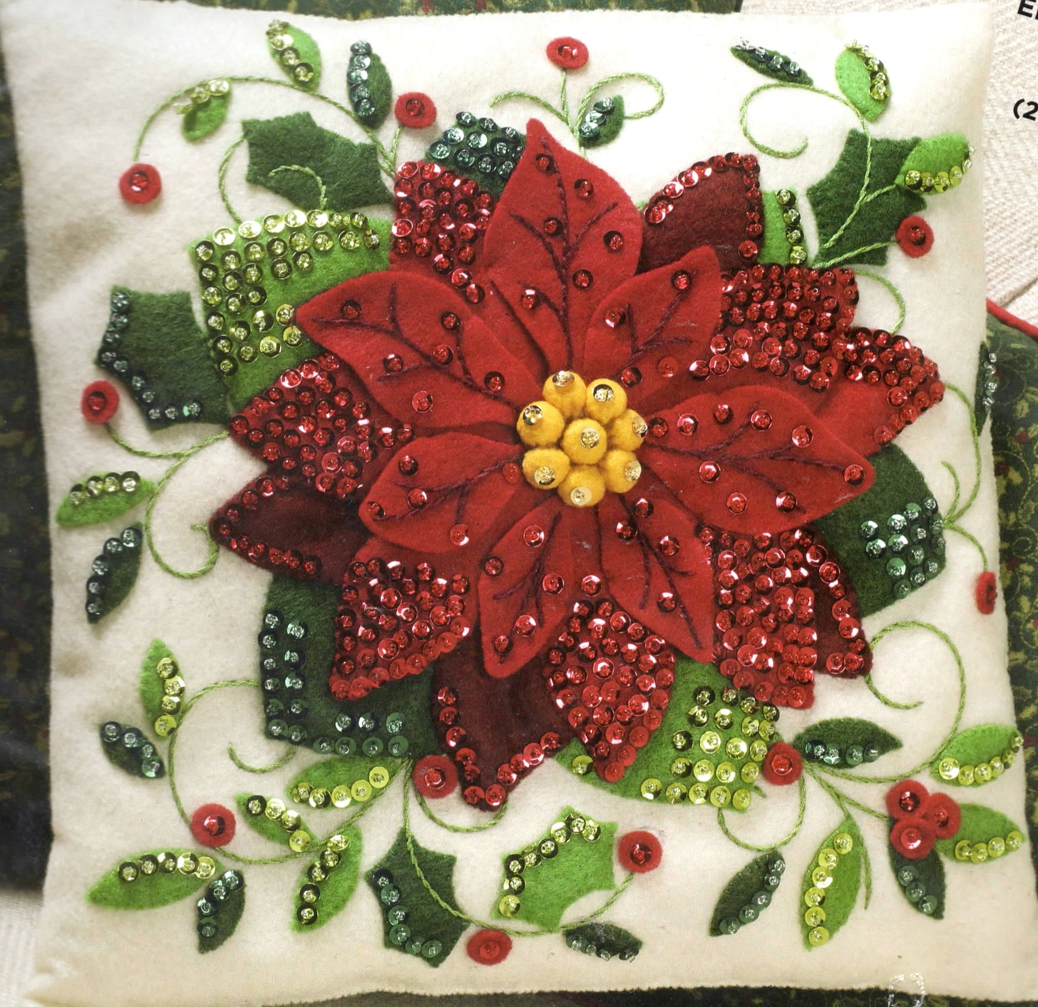 DIY Bucilla Elegant Poinsettia Christmas Holiday Felt Pillow Craft Kit 86983E