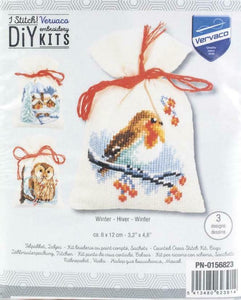 DIY Vervaco Winter Bird Owl Snow Potpourri Gift Bag Counted Cross Stitch Kit