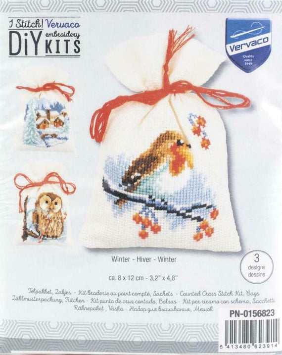 DIY Vervaco Winter Bird Owl Snow Potpourri Gift Bag Counted Cross Stitch Kit