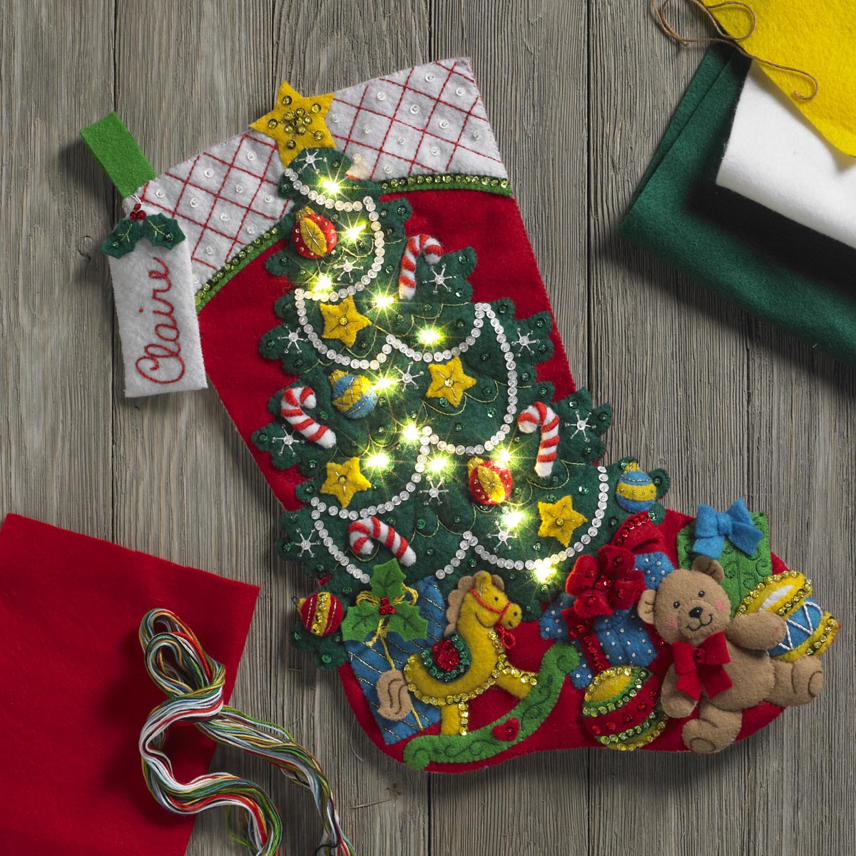 DIY Bucilla Christmas Tree Surprise Bear Toys Lighted Felt Stocking Kit 86710I