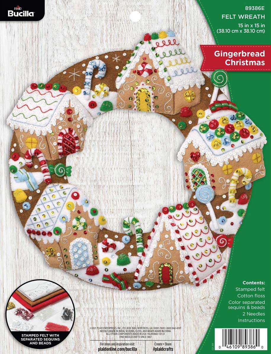 DIY Bucilla Gingerbread Christmas Village Cookie Houses Felt Wreath Kit 89386E