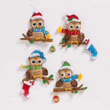 Load image into Gallery viewer, DIY Bucilla Christmas Owls Birds Holiday Owls on Branch Felt Ornament Kit 89462E