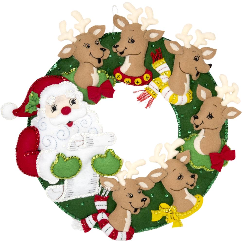 DIY Bucilla Santa and Reindeer Holiday Christmas Felt Wreath Craft Kit 86916