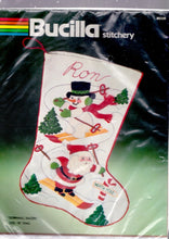 Load image into Gallery viewer, DIY Bucilla Downhill Racers Santa Snowman Skiing Skis Crewel Stocking Kit 82339