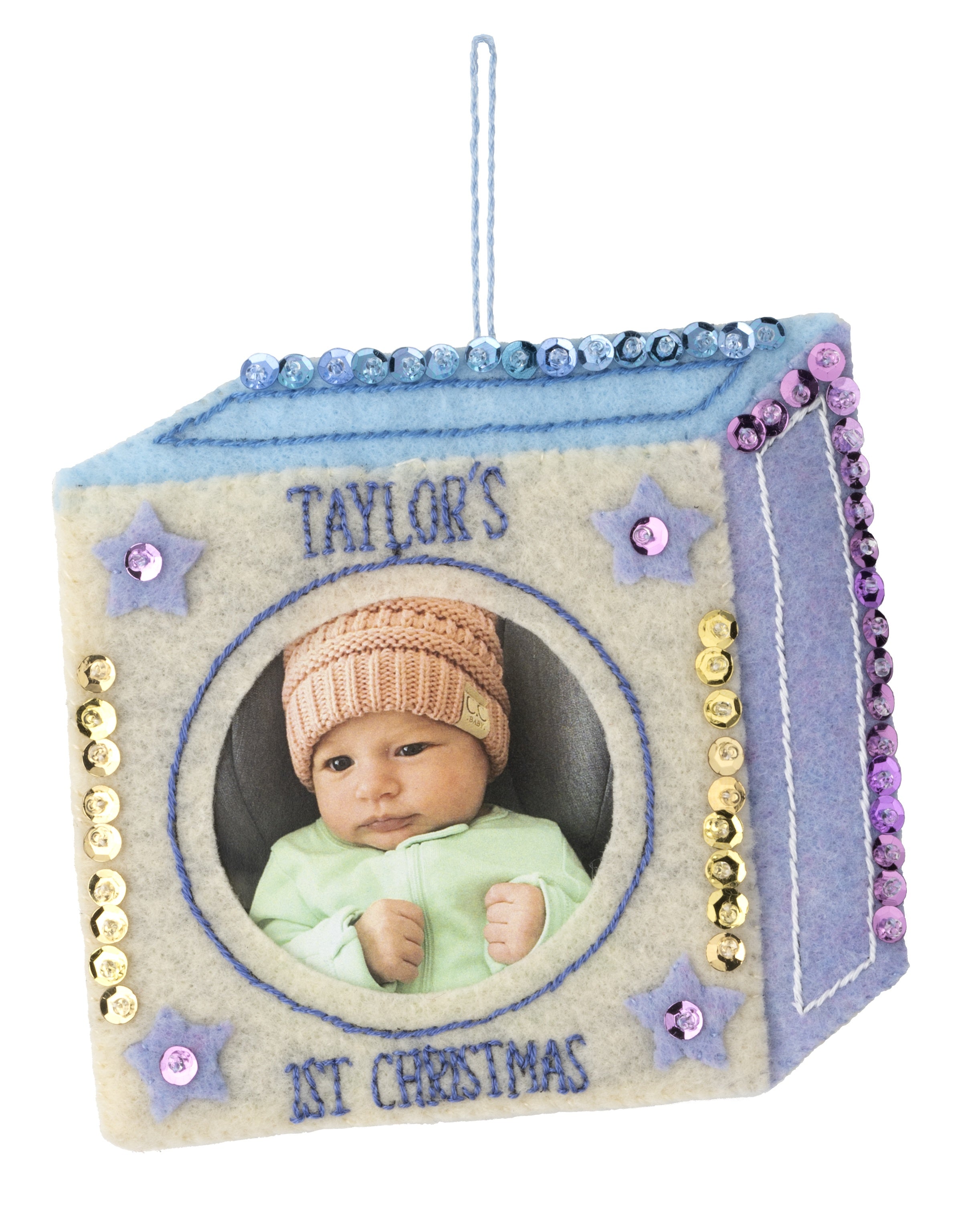 Baby block ornament with an opening for a photo.