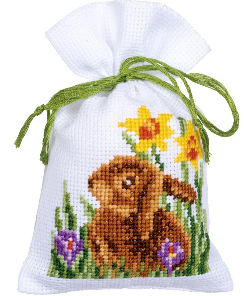 DIY Vervaco Rabbits with Chicks Easter Favor Gift Bag Counted Cross Stitch Kit