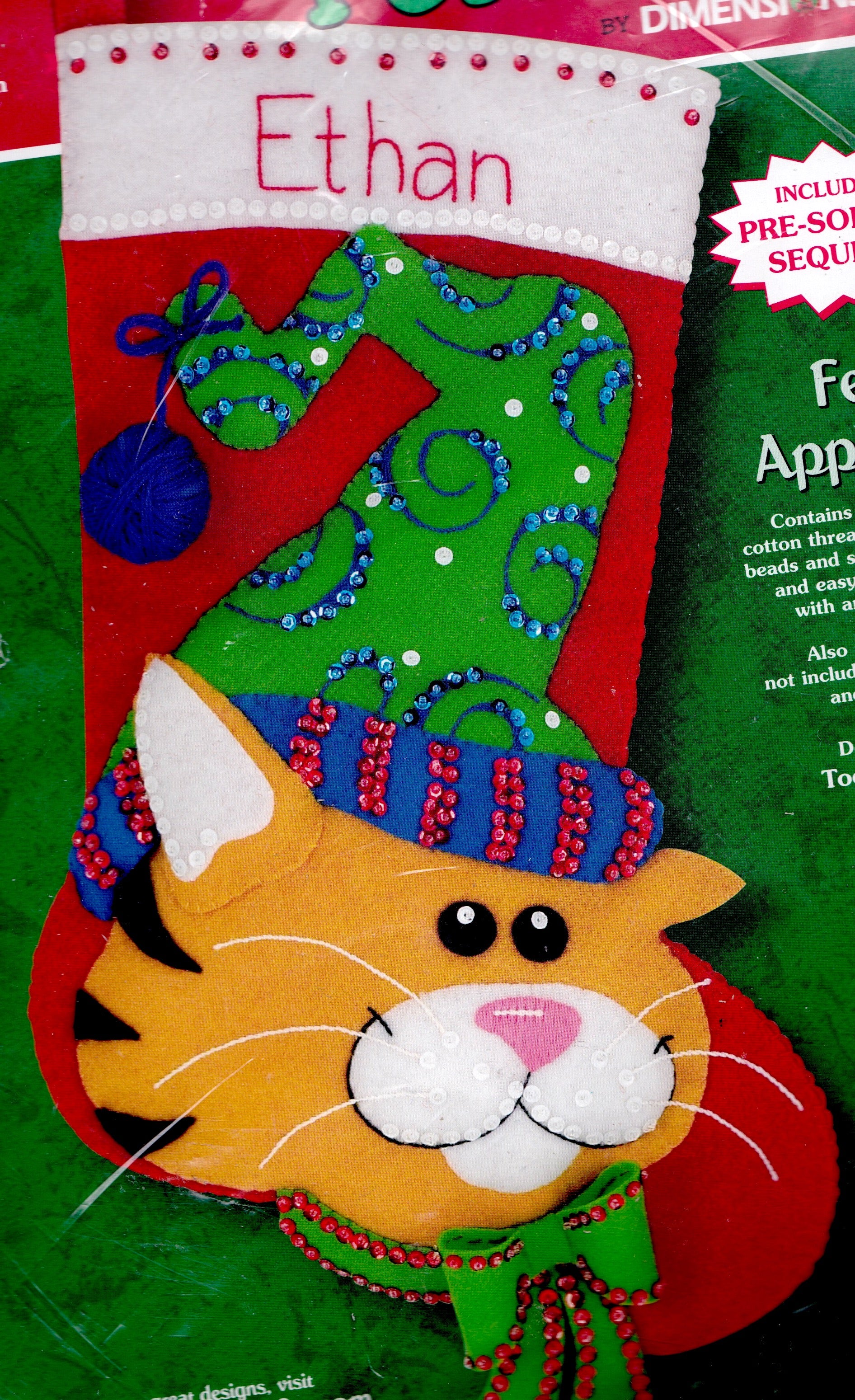DIY Dimensions Festive Kitty Orange Cat Christmas Holiday Felt Stocking Kit 8130