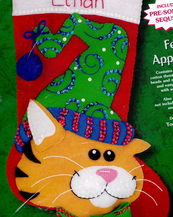 DIY Dimensions Festive Kitty Orange Cat Christmas Holiday Felt Stocking Kit 8130