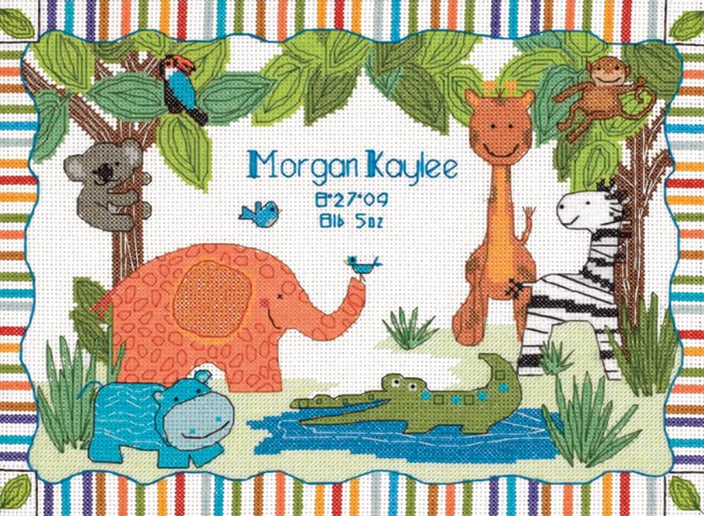 DIY Dimensions Mod Zoo Birth Record Baby Jungle Counted Cross Stitch Kit 73508