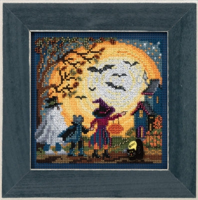 Mill Hill counted cross stitch kit. Design features trick or treaters out on Halloween night.