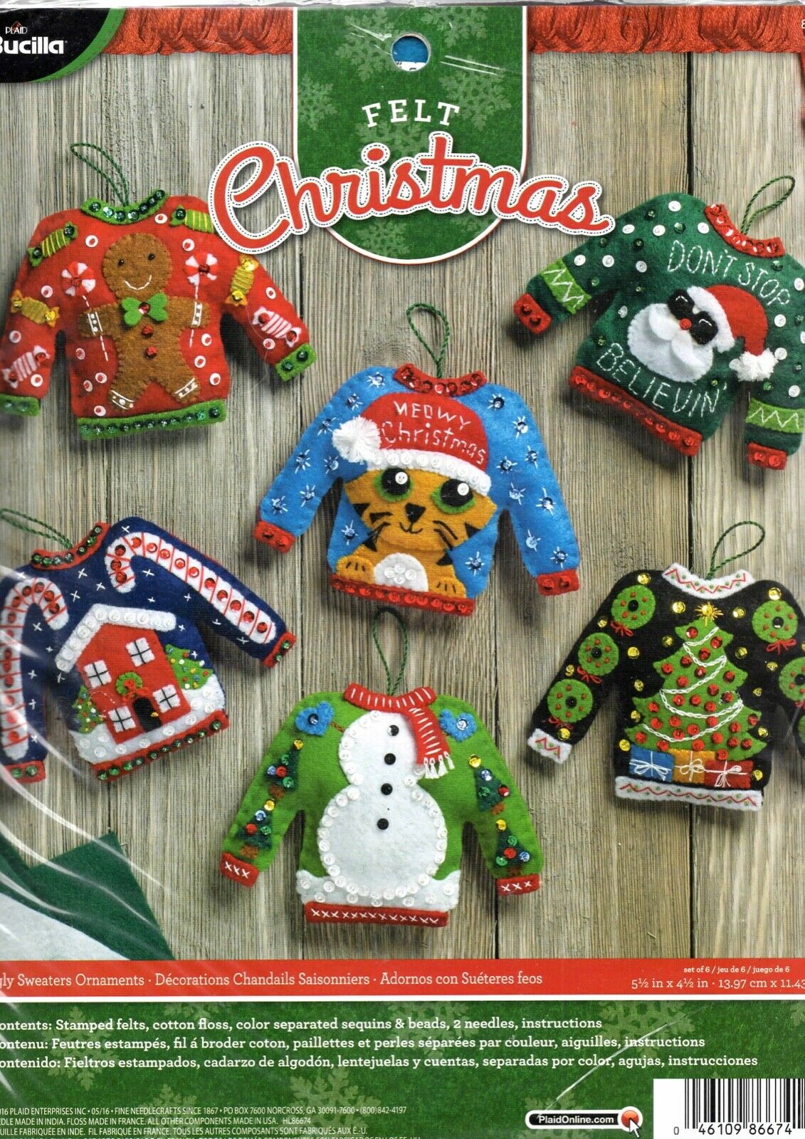 DIY Bucilla Ugly Sweaters Christmas Shirt Holiday Party Felt Ornament Kit 86674