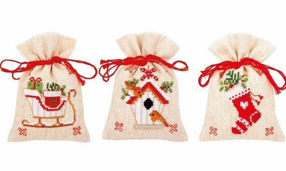 DIY Vervaco Christmas Motif Sleigh Potpourri Gift Bag Counted Cross Stitch Kit