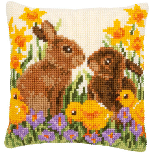 DIY Vervaco Spring Rabbits with Chicks Needlepoint Cushion Pillow Top Kit 16