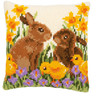 DIY Vervaco Spring Rabbits with Chicks Needlepoint Cushion Pillow Top Kit 16"