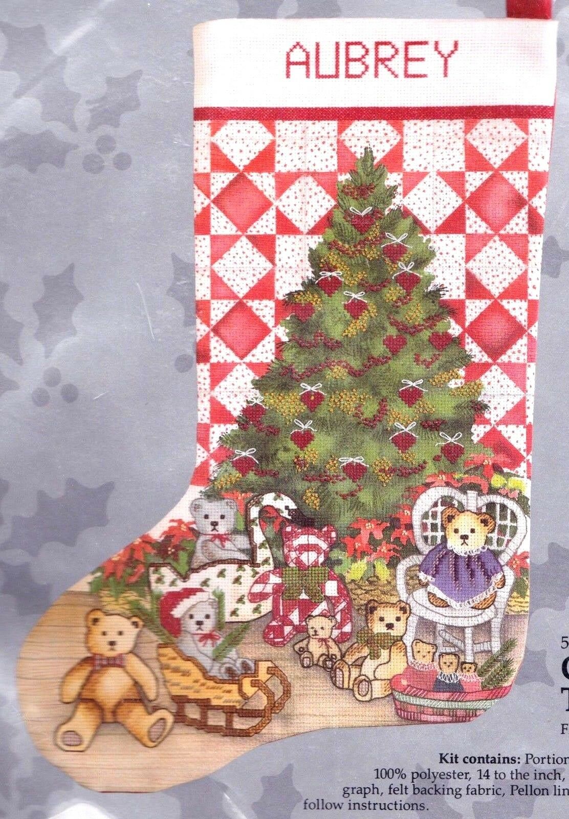DIY Christmas Tree and Quilt Teddy Bears Counted Cross Stitch Stocking Kit 50359