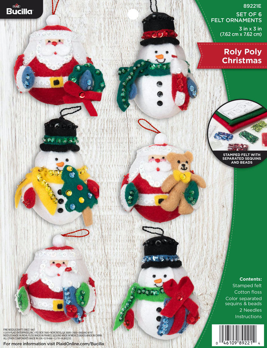 Bucilla Felt Ornaments Applique Kit Set of 6 - Roly Poly Christmas