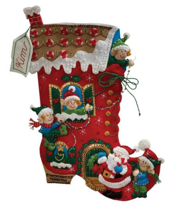 Bucilla christmas Felt stocking kit. Design features an elf house shaped like a big red boot. The elves are decorating their house with santa helping. 