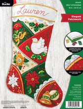 Load image into Gallery viewer, Bucilla felt christmas stocking kit. Design features a red, green, and cream patchwork pattern with bells, a dove, and poinsettia.