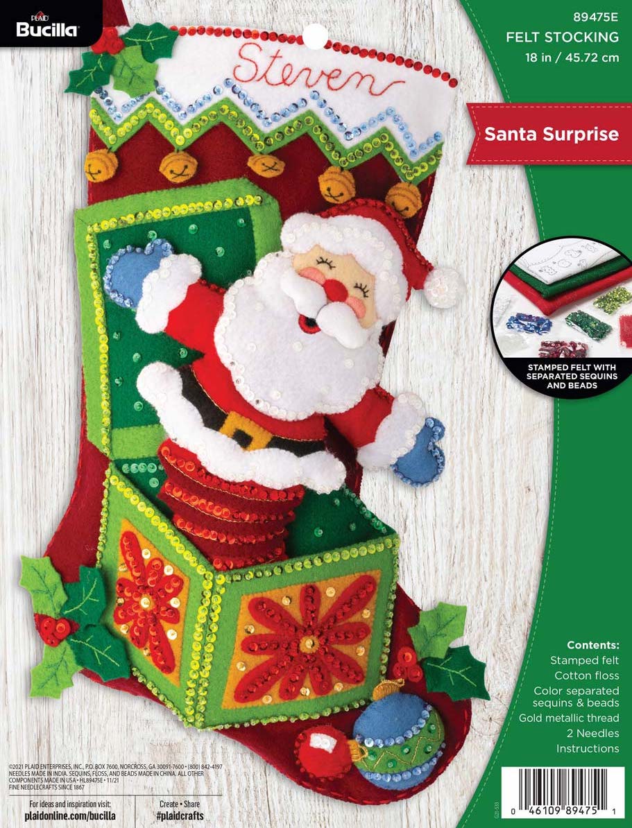 DIY Bucilla Santa Surprise Jack in the Box Christmas Felt Stocking Kit 89475E