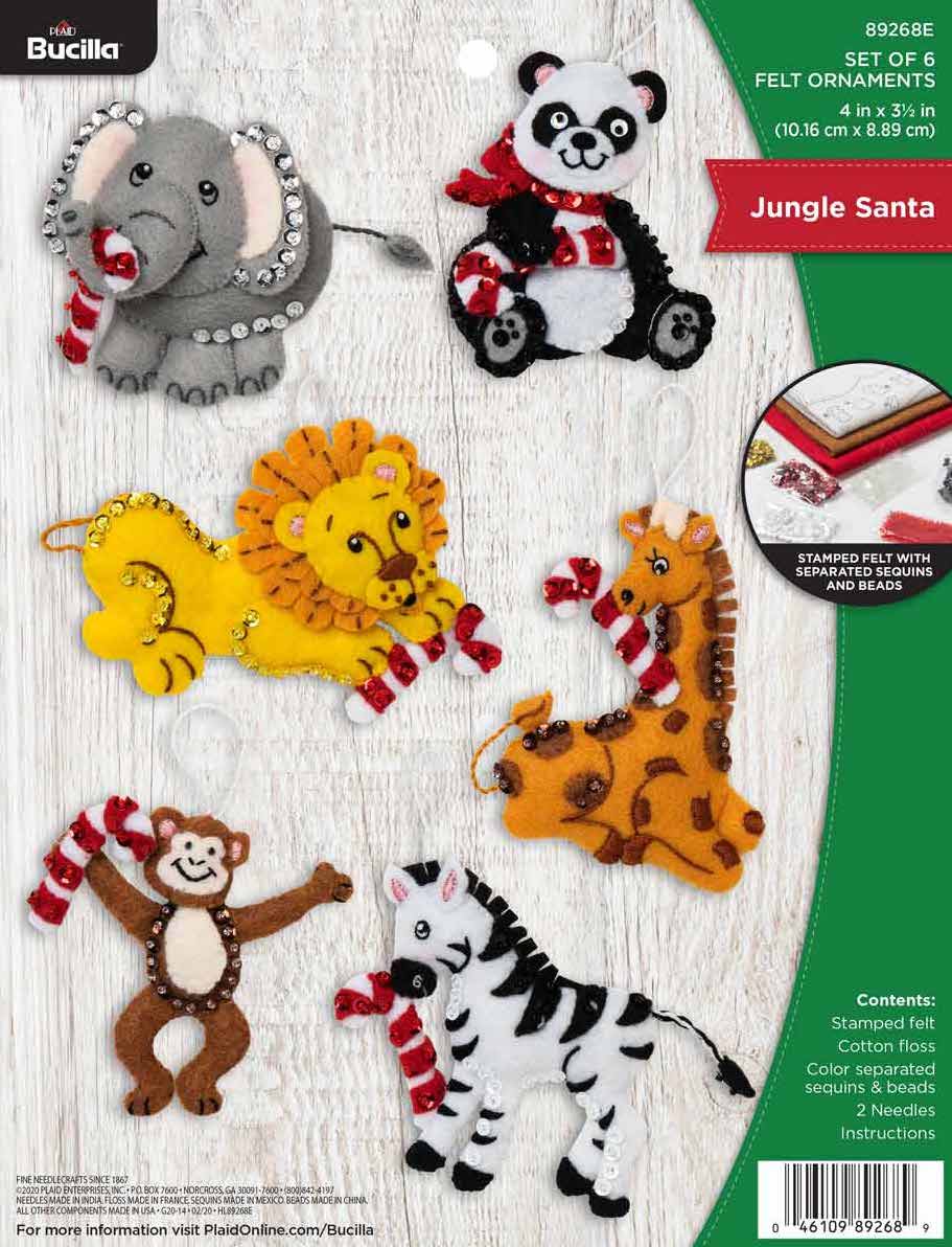 DIY Bucilla Jungle Santa Wild Animal Christmas Felt Tree Ornament Kit 89268E