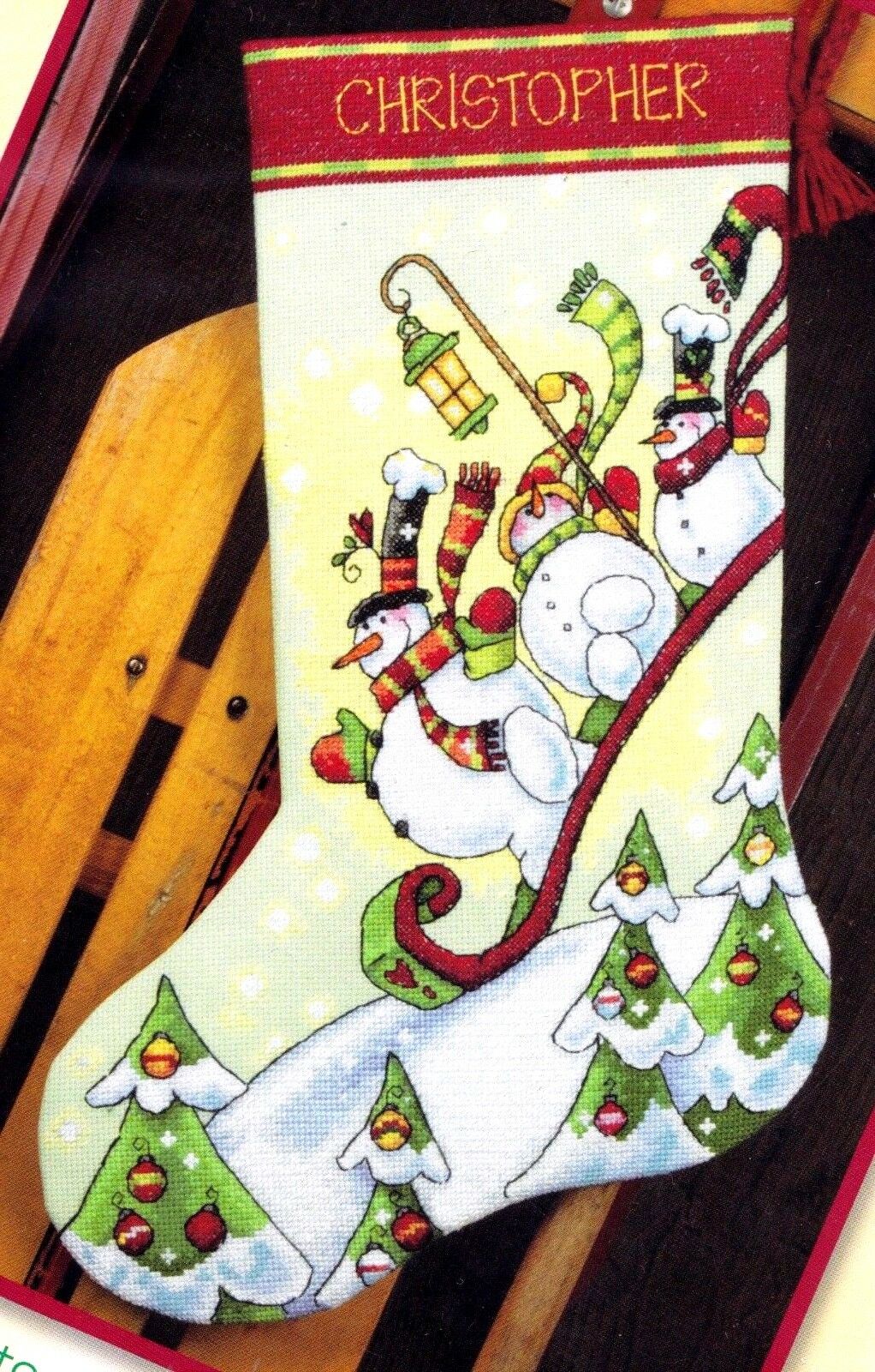 DIY Dimensions Sledding Snowmen Counted Cross Stitch Stocking Kit 08853