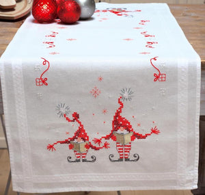 DIY Vervaco Christmas Gnomes Elves Song Stamped Cross Stitch Table Runner Kit