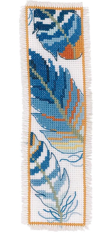 DIY Vervaco Blue Feathers Spring Bird Reading Bookmark Counted Cross Stitch Kit