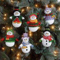 Bucilla felt ornament kit. Design features six snowmen with hats, scarves, and sweaters.