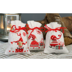 DIY Vervaco Christmas Gnomes 2 Potpourri Gift Bag Counted Cross Stitch Kit set/3