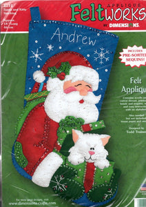 DIY Dimensions Santa and Kitty Cat Gift Christmas Holiday Felt Stocking Kit 8112