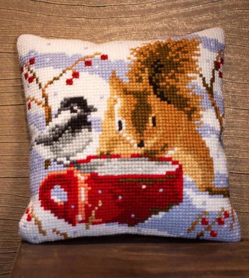 DIY Vervaco Squirrel & Tit Winter Chunky Needlepoint Cushion Pillow Top Kit 16