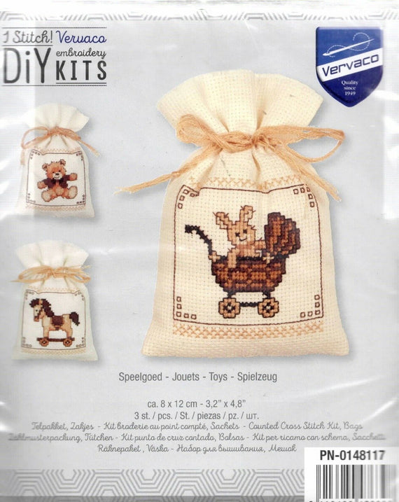 DIY Vervaco Toys Potpourri Gift Bag Counted Cross Stitch Kit set/3
