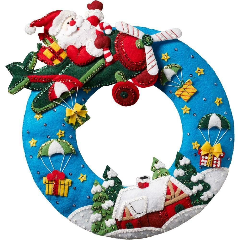 DIY Bucilla Airplane Santa Gifts Flying Christmas Wreath Felt Craft Kit