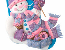 Load image into Gallery viewer, DIY Bucilla Sweet Treats Candy Snowman Pink Purple Felt Stocking Kit 89239E