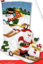 Load image into Gallery viewer, DIY Bucilla Downhill Skiers Santa Snowman Ski Christmas Felt Stocking Kit 86932