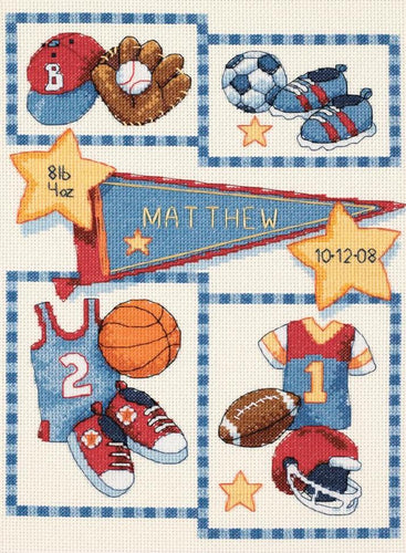 DIY Dimensions Little Sports Birth Record Baby Counted Cross Stitch Kit 73256